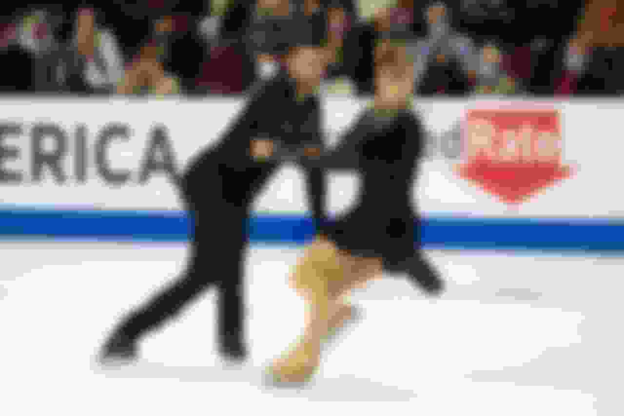 Madison Hubbell and Zachary Donohue skating during the rhythm dance at 2021 Skate America in Las Vegas.