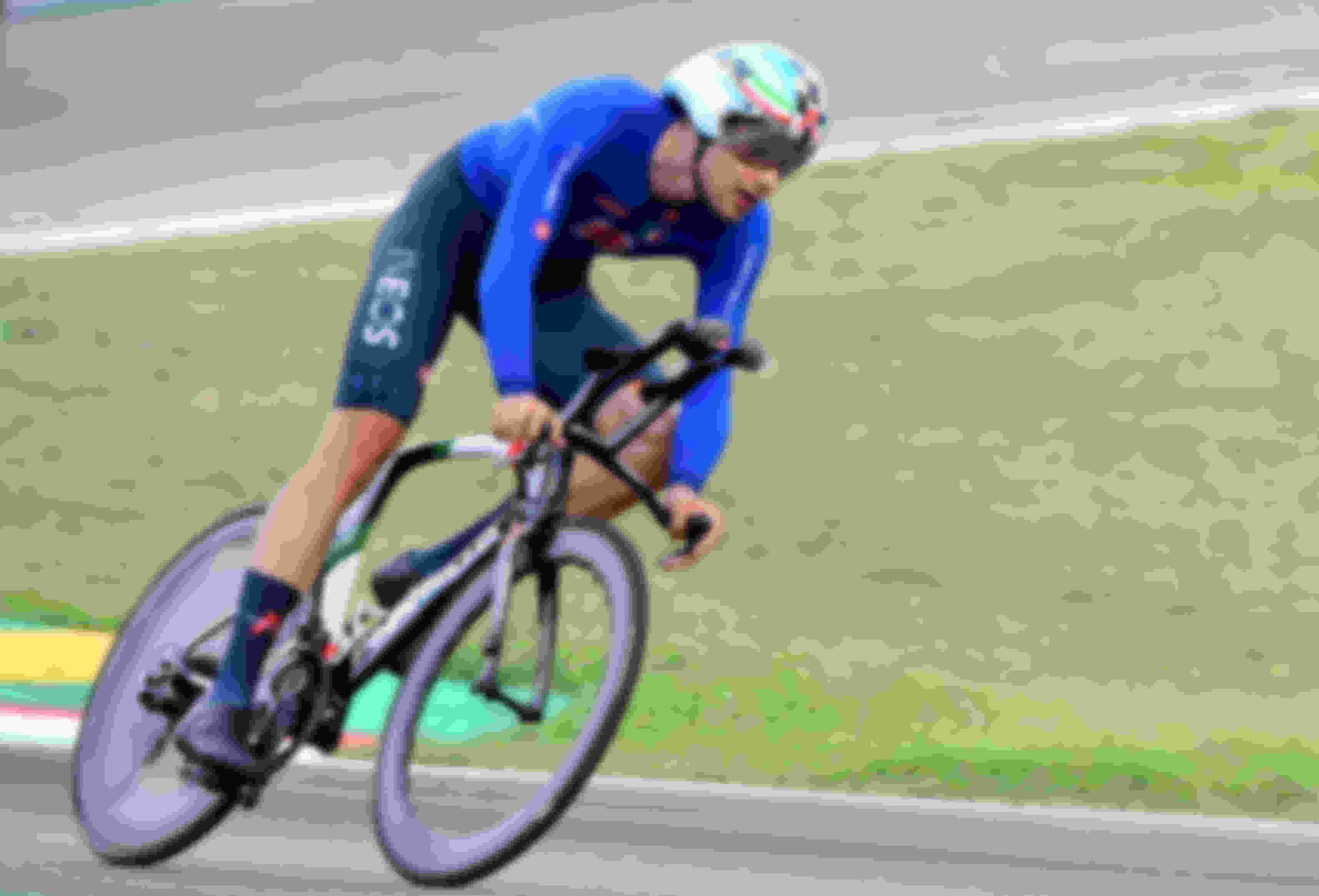 Filippo Ganna on his way to time trial gold at the 2020 Road World Championships in Imola