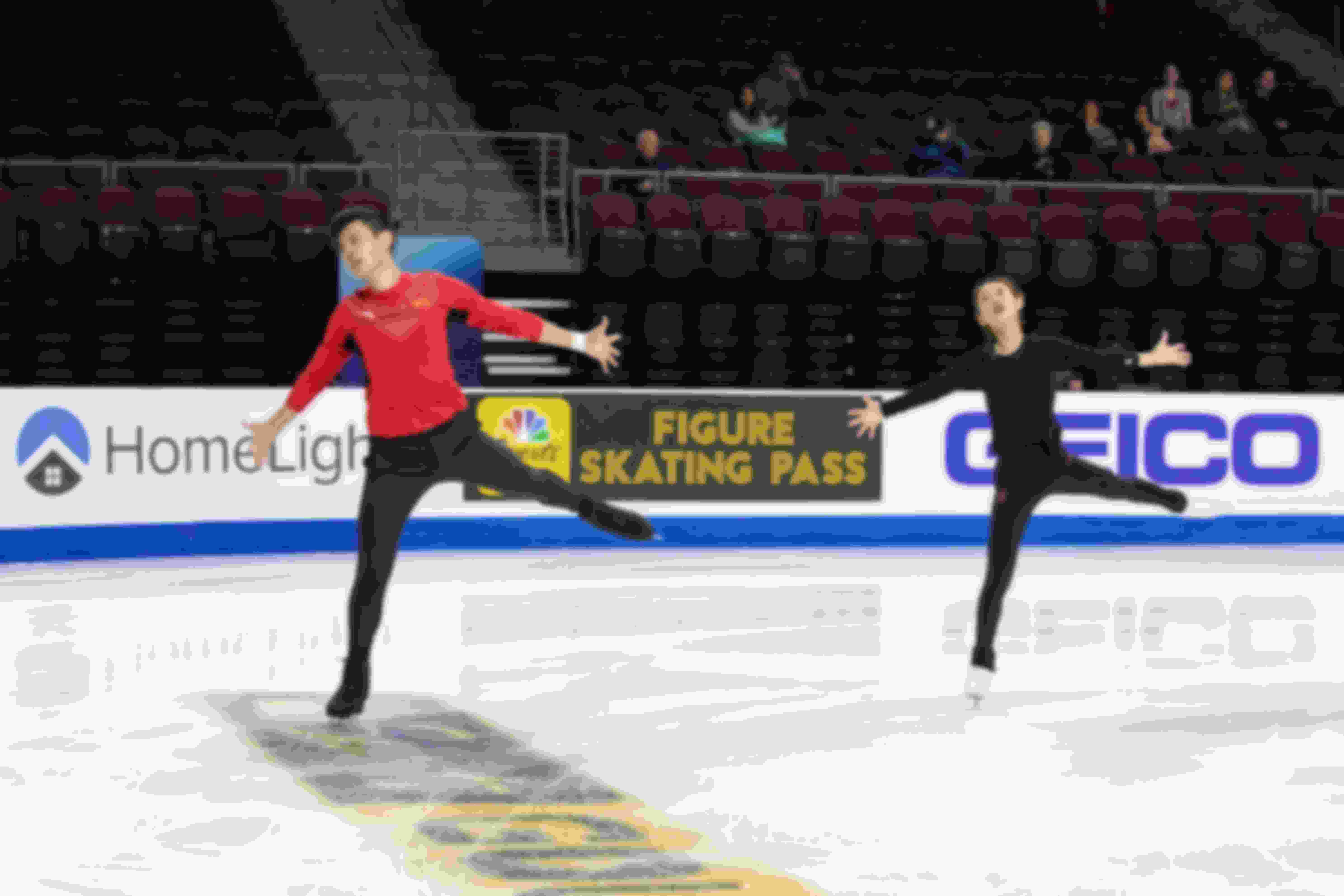 Cheng Peng and Yang Jin in practice at Skate America on Thursday