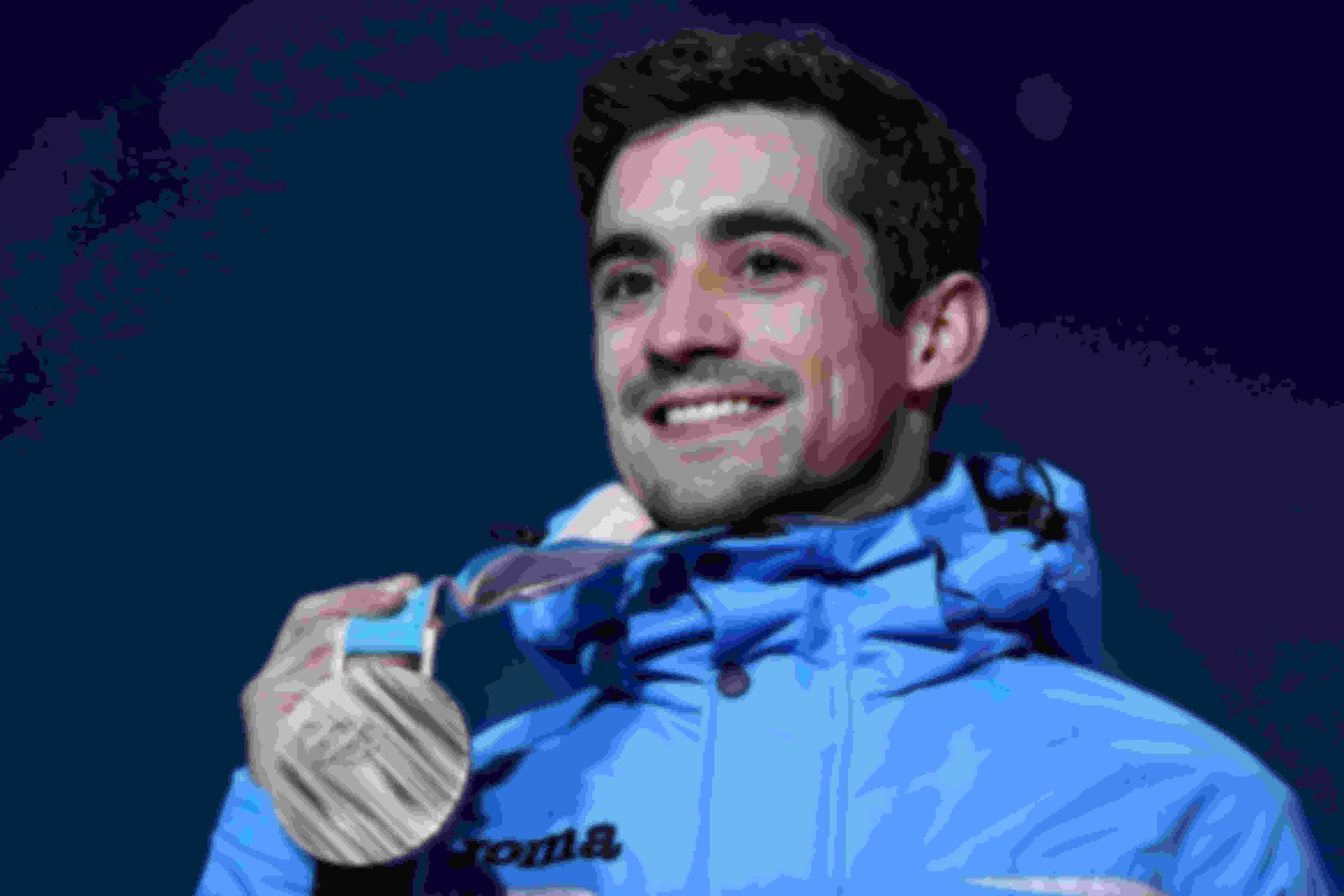  Bronze medalist Javier Fernandez celebrates during the Men's Figure Skating medal ceremony at the PyeongChang 2018 Winter Olympic Games