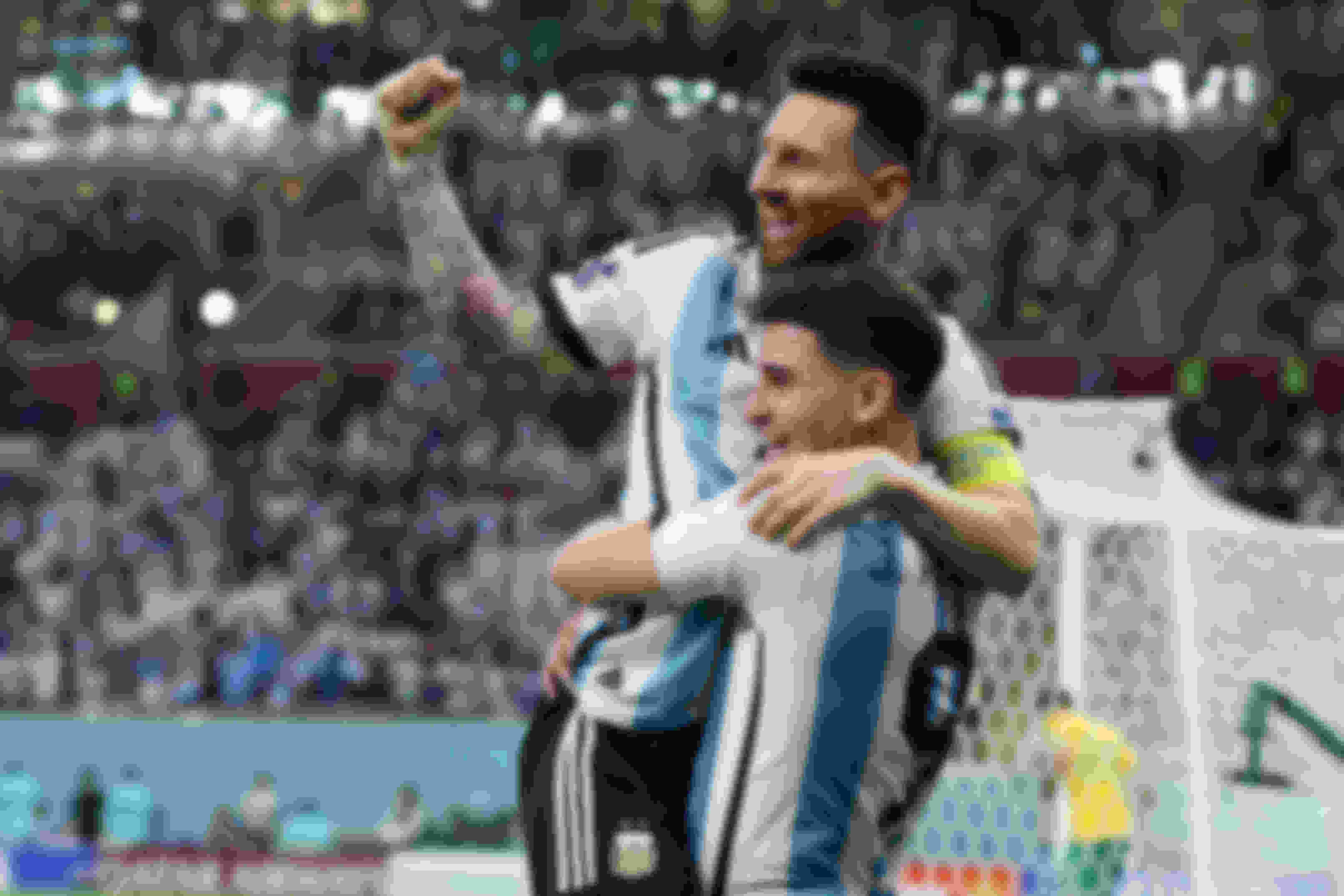 Lionel Messi and Julian Alvarex celebrate after Argentina score their second goal in their semi-final victory against Croatia