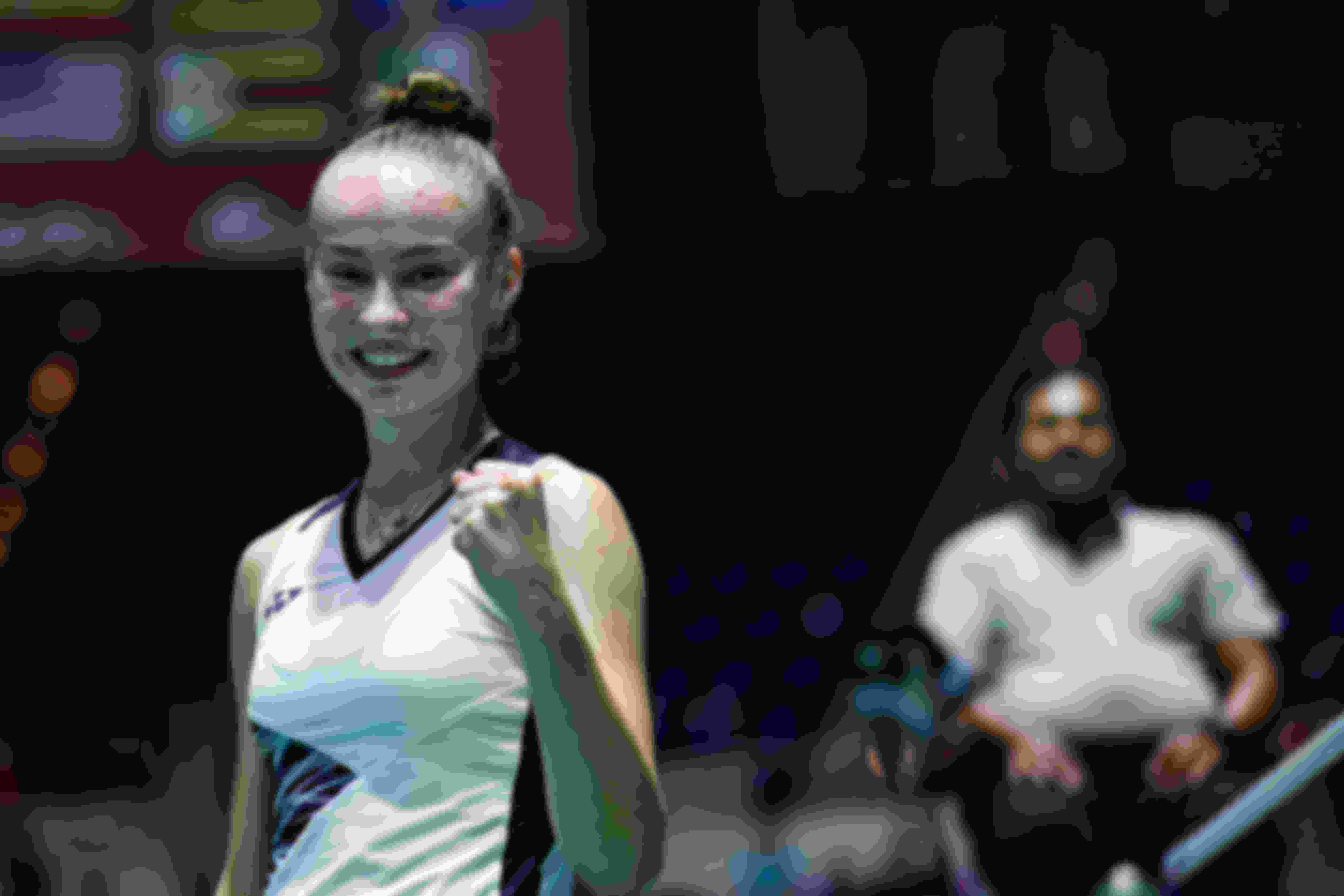 Polina Buhrova reacts at the BWF World Junior Championships 2022 in Santander, Spain.