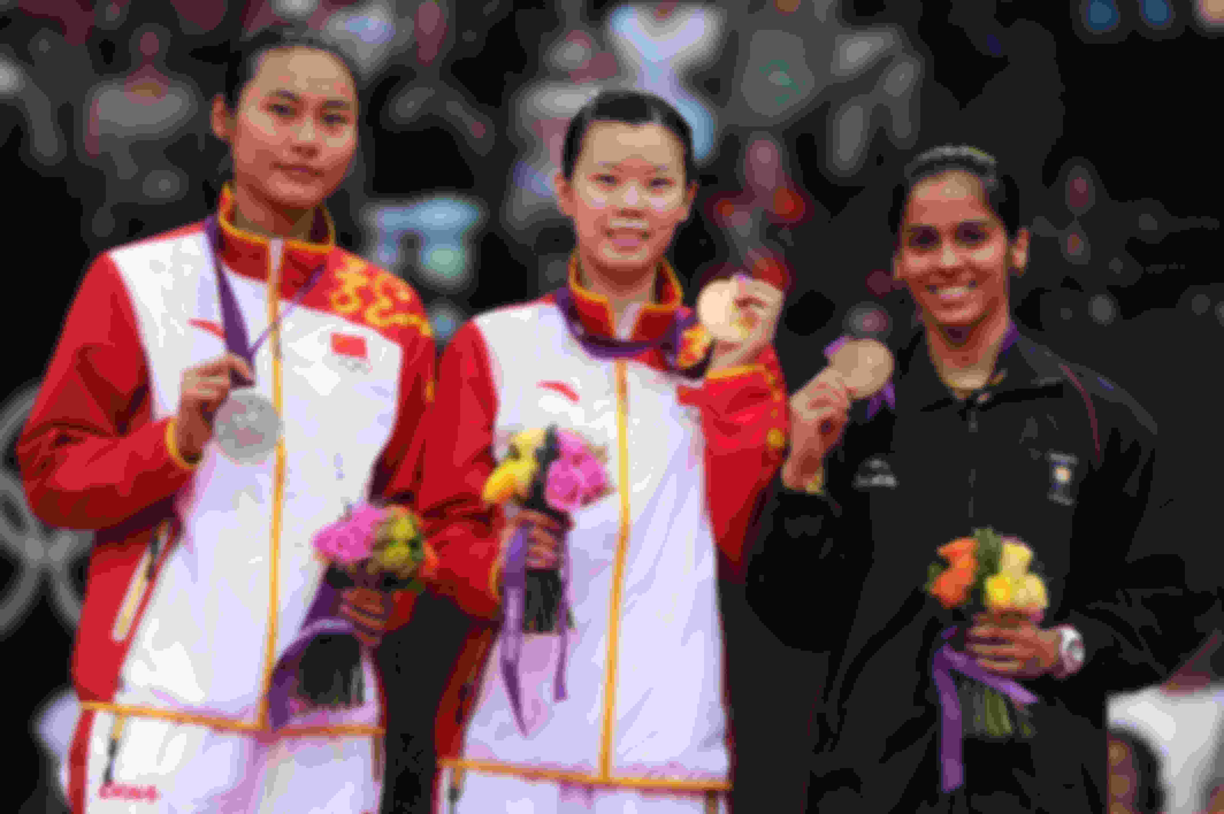 Saina Nehwal on the London Olympics 2012 podium with her bronze medal