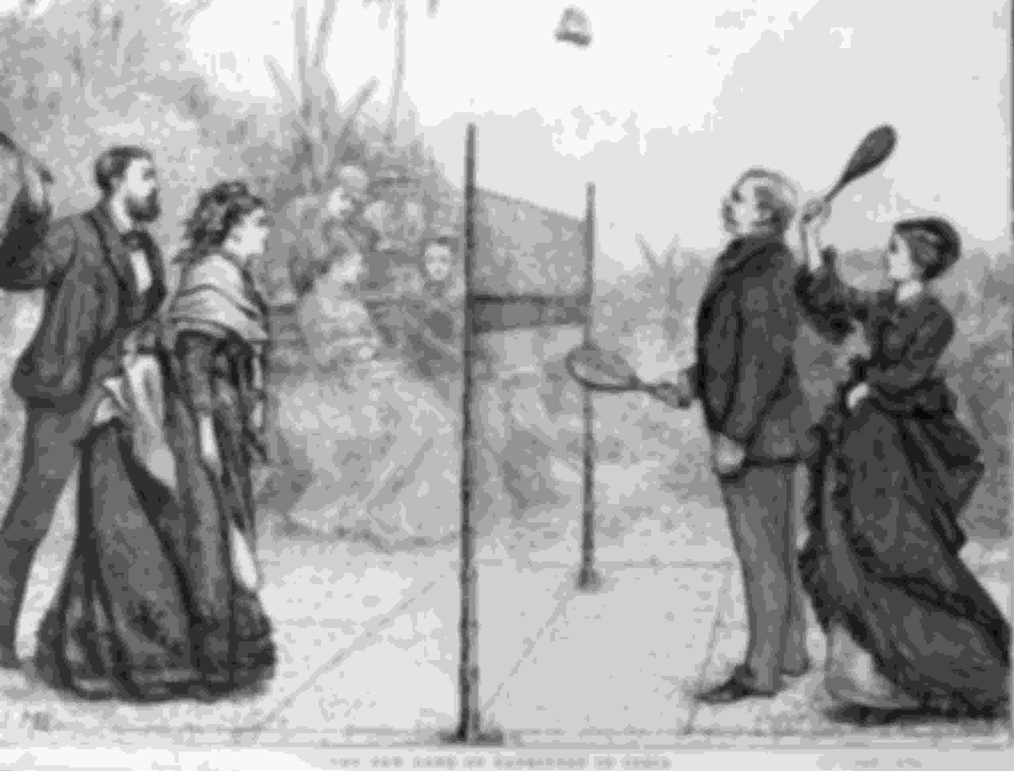 A game of badminton mixed doubles in India from 1874.