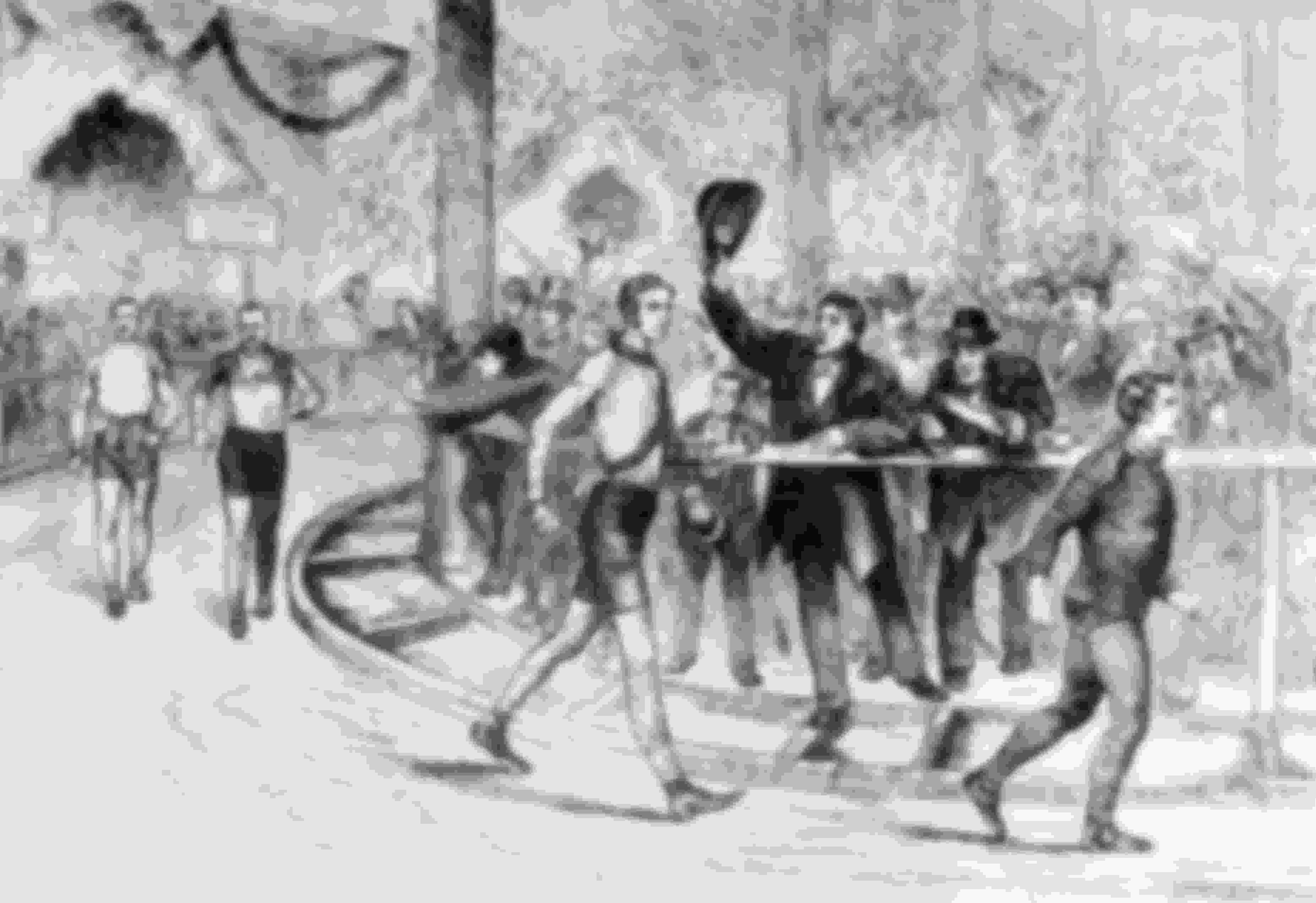 Crowds watch participants competing in a six-day walking race at Gilmore's Garden, New York City in March 1879.