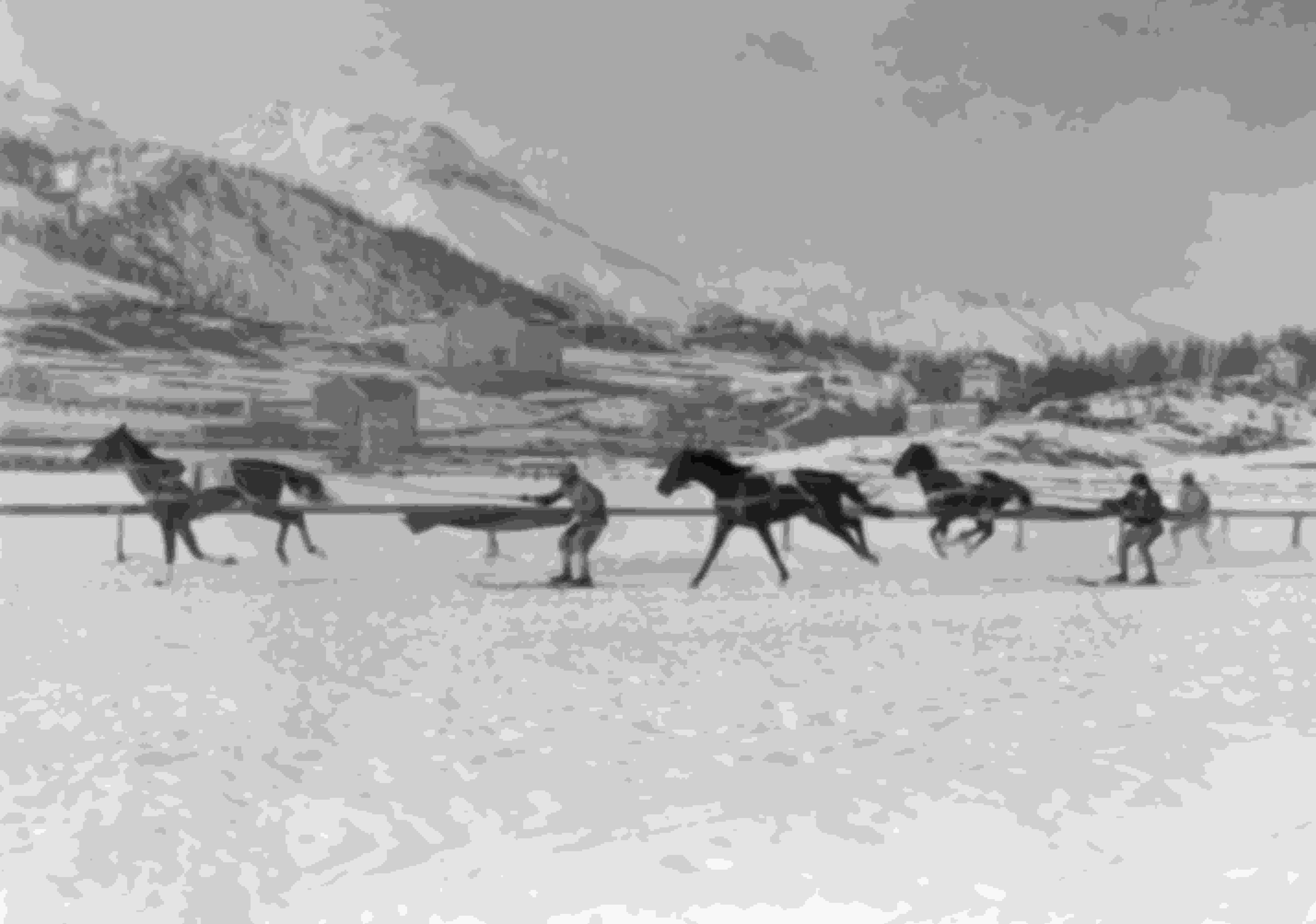 Athletes take part in Skijoring, the exhibition event featured at the St. Moritz 1928 Winter Olympics.