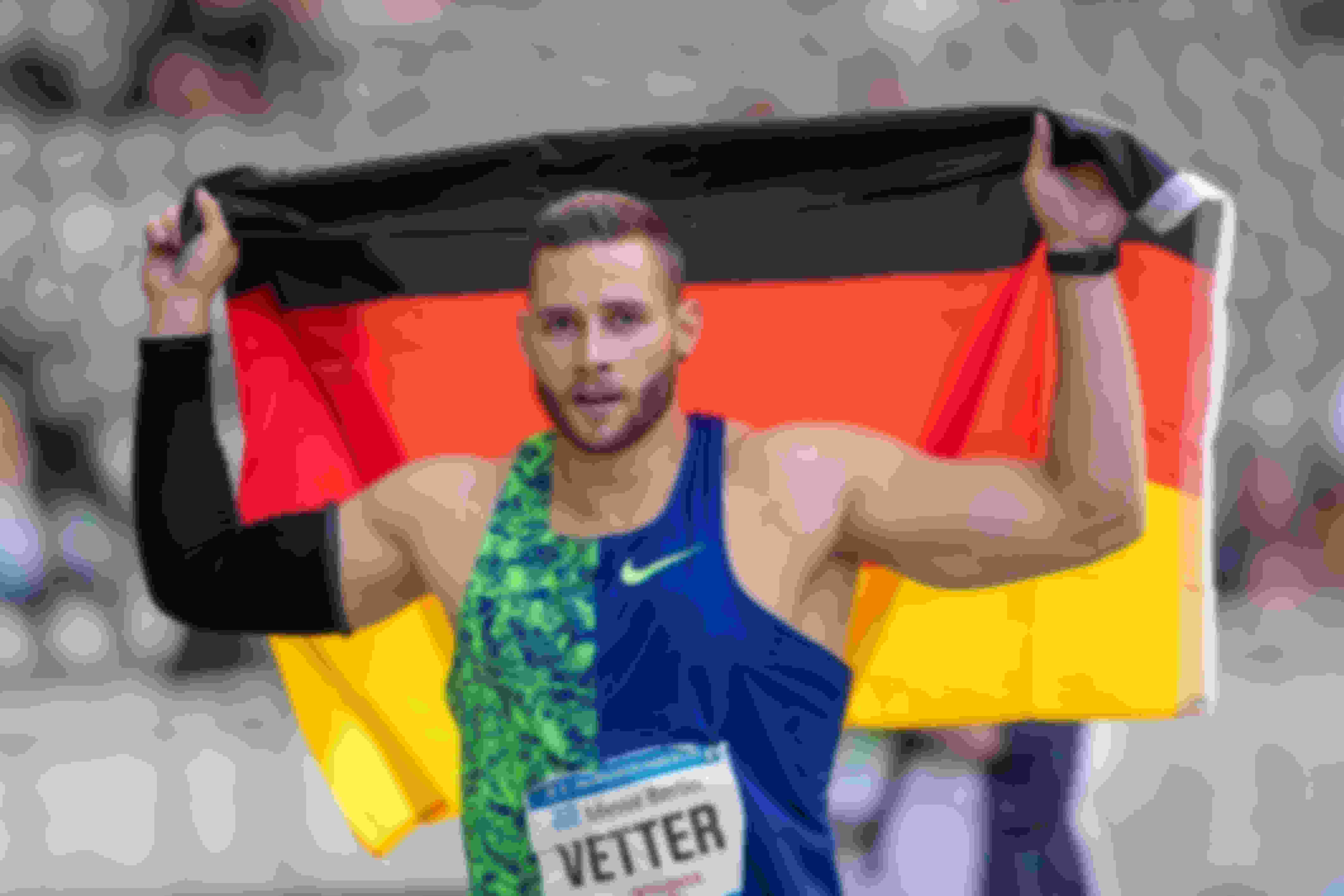 Johannes Vetter celebrates his javelin victory at the ISTAF meeting in Berlin