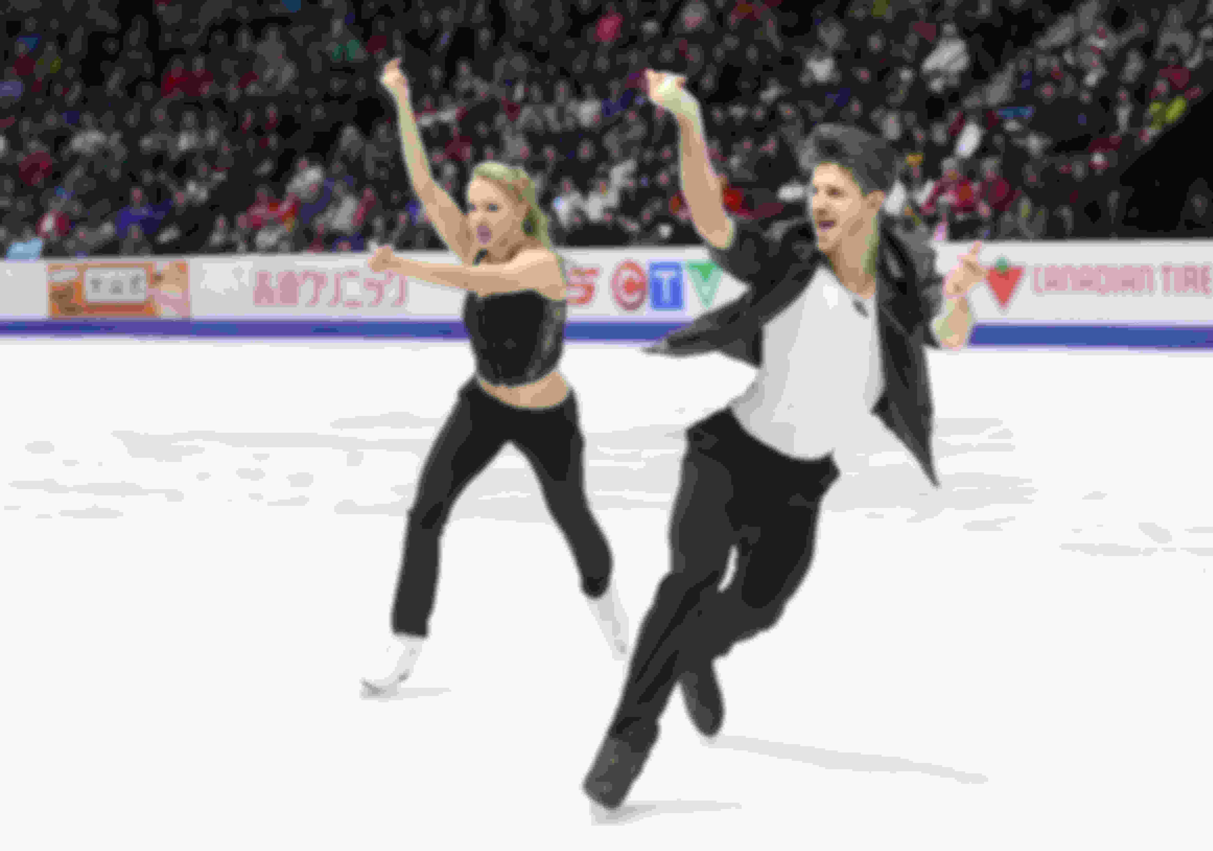 Before the 2021/22 season ladies in Ice dancing were allowed to wear trousers only in the rhythmic dance. In that photo Alexandra Stepanova of Russia and Ivan Bukin compete at the 2016 Skate Canada