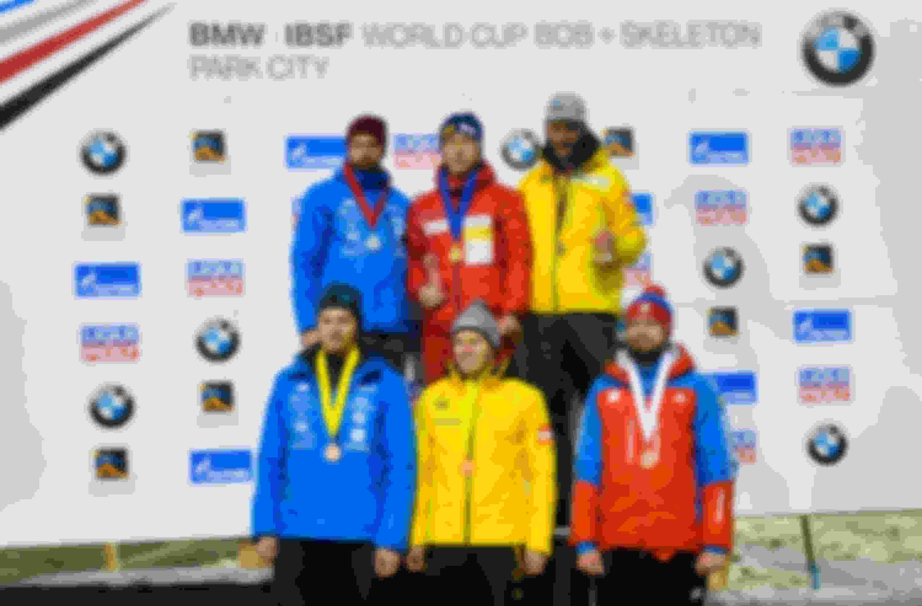 (Back row L-R) Martins Dukurs, Yun Sung-bin, Axel Jungk, and (front row L-R) Tomass Dukurs, Christopher Grotheer and Alexander Tretiakov after the 2017 Skeleton World Cup in Park City, Utah