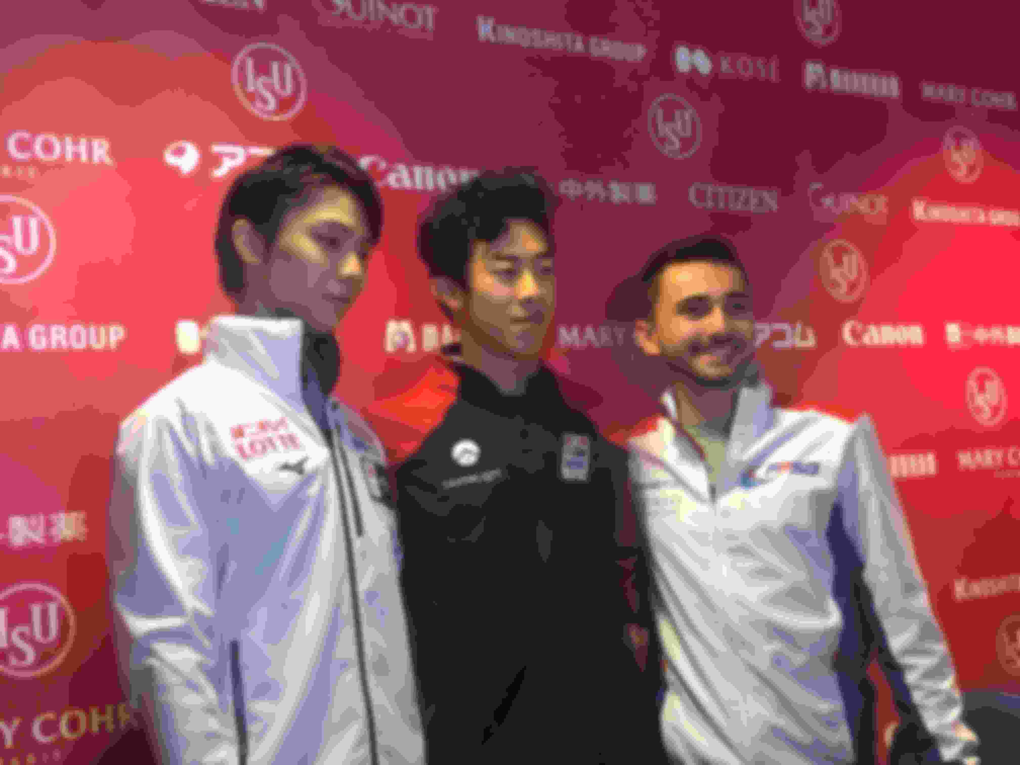 Grand Prix Final men's short program top three (L-R): runner-up Yuzuru Hanyu, winner Nathan Chen, third-placed Kevin Aymoz