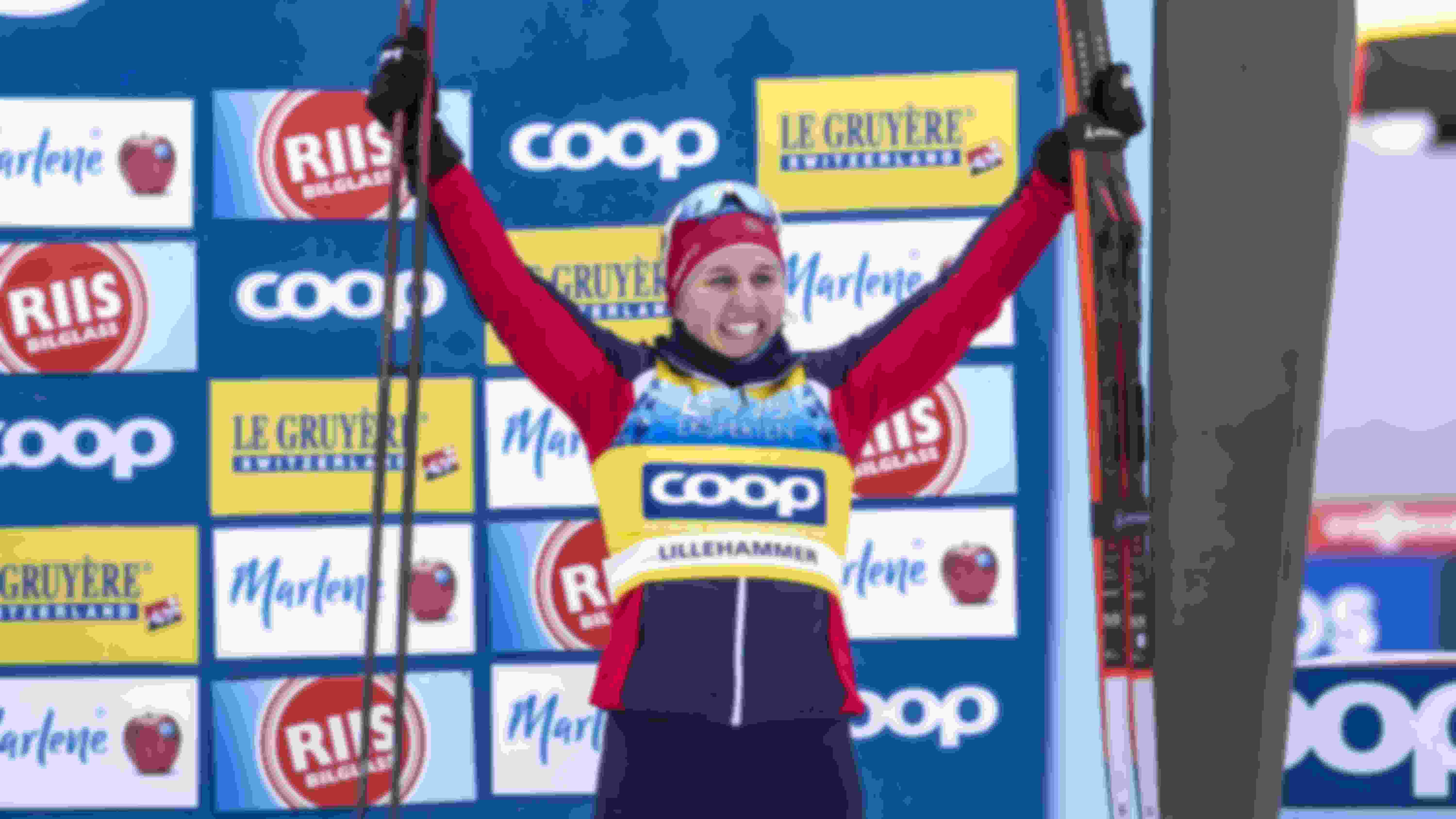 Tiril Weng celebrates third place in the sprint final in Lillehammer