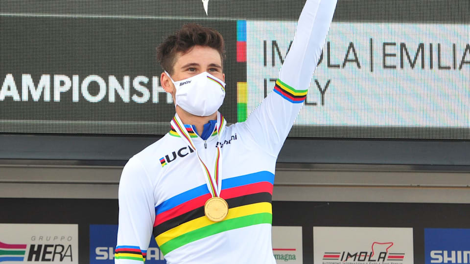 Italy's Filippo Ganna celebrates on the podium after winning the men's elite individual time trial. (Photo: REUTERS/Jennifer Lorenzini)