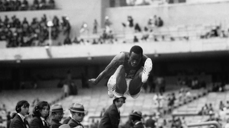 American athlete Bob Beamon breaks the Long Jump record at the 1968 Mexico Olympics, 20th October 1968.