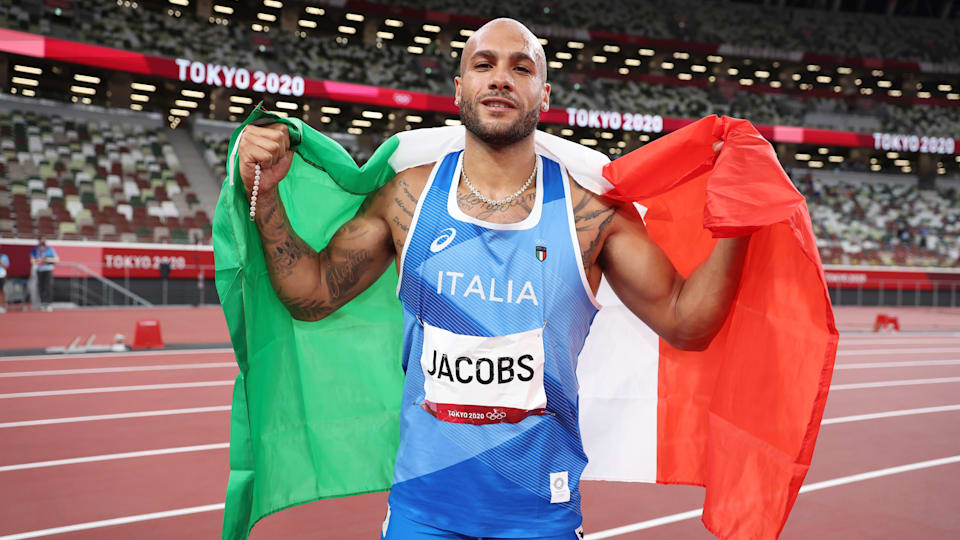 Marcell Jacobs (ITA) dopo l'oro nei 100m piani a Tokyo2020.