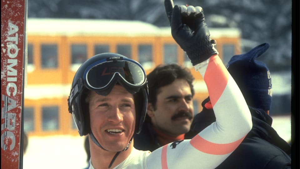 Bill Johnson after winning the mens downhill competition at Sarajevo 1984