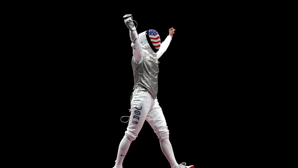Lee Kiefer of Team USA wins gold in the women's foil individual fencing bout 