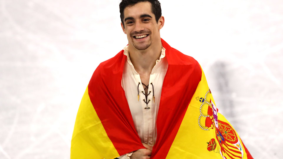 Bronze medal winner Javier Fernandez of Spain celebrates during the victory ceremony for the Men's Single Free Program on day eight of the PyeongChang 2018 Winter Olympic Games