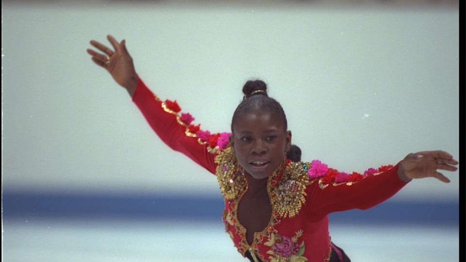 Surya Bonaly dressed in French designer Christian Lacroix at the 1992 Olympic Games