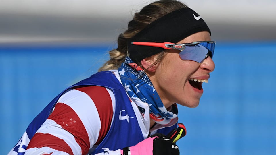 Oksana Masters of Team United States crosses the finish line in the Women's Sprint Sitting Paralympic Para Biathlon during Day One of the Beijing 2022 Winter Paralympics at Zhangjiakou National Biathlon Centre on March 05, 2022 in Beijing, China. (Photo by Zhe Ji/Getty Images)