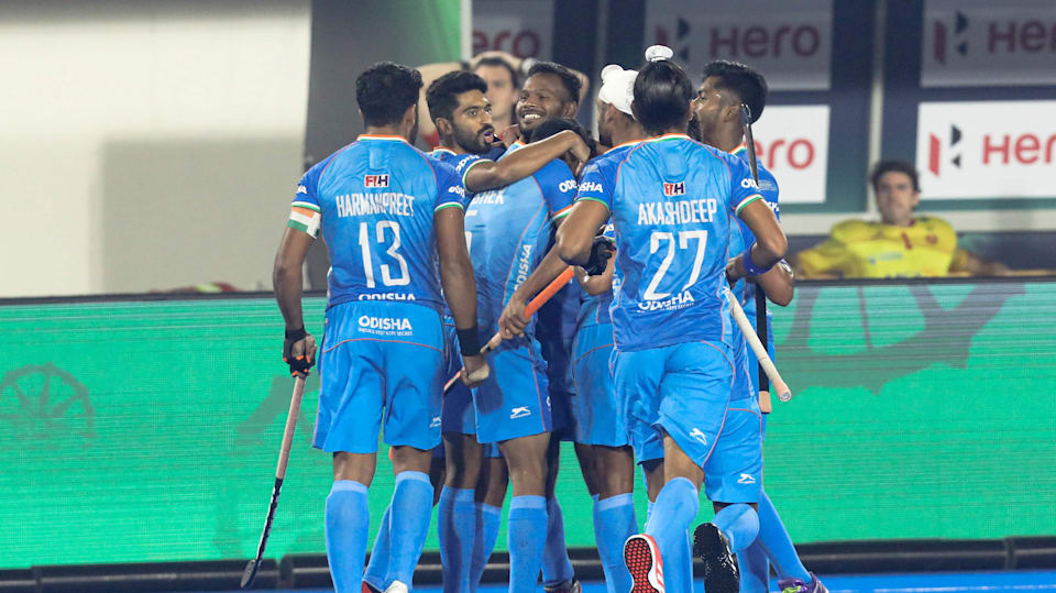 Amit Rohidas and India celebrate the first goal against Spain