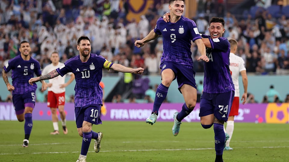 Julian Alvarez of Argentina celebrates after scoring their team's second goal during the FIFA World Cup Qatar 2022 Group C match between Poland and Argentina