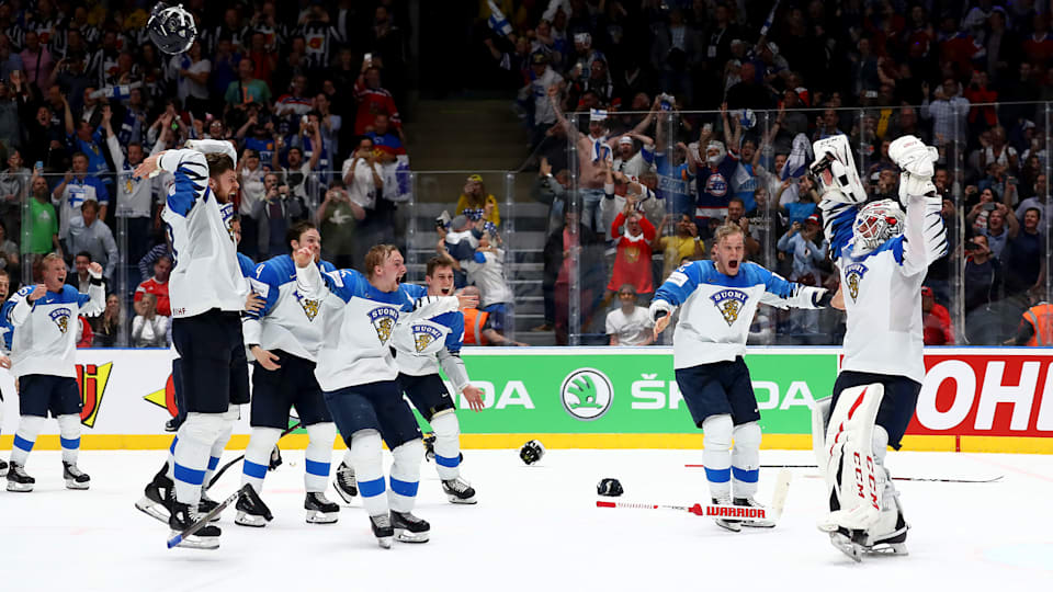 Finland celebrate victory over Canada in the 2019 IIHF Ice Hockey World Championship final