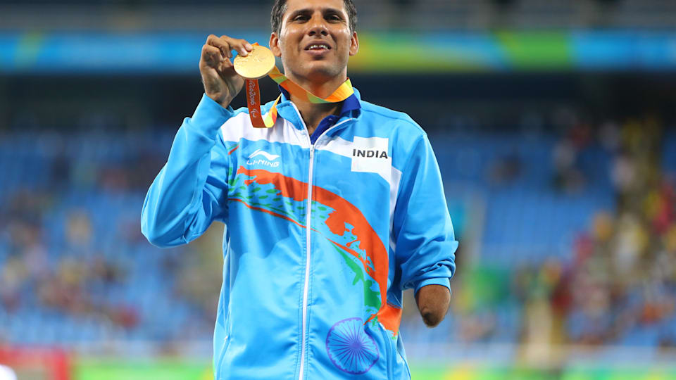 RIO DE JANEIRO, BRAZIL - SEPTEMBER 13: Gold medalist Devendra of India poses on the podium at the medal ceremony for men's Javelin Throw - F46 during day 6 of the Rio 2016 Paralympic Games at the Olympic Stadium on September 13, 2016 in Rio de Janeiro, Brazil. (Photo by Lucas Uebel/Getty Images)