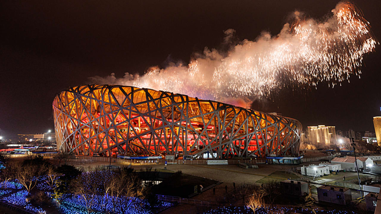 View of the Beijing National Stadium as fireworks are set off during the closing ceremony