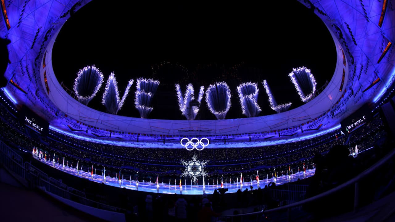 A firework display is seen inside the stadium during the Beijing 2022 Closing Ceremony