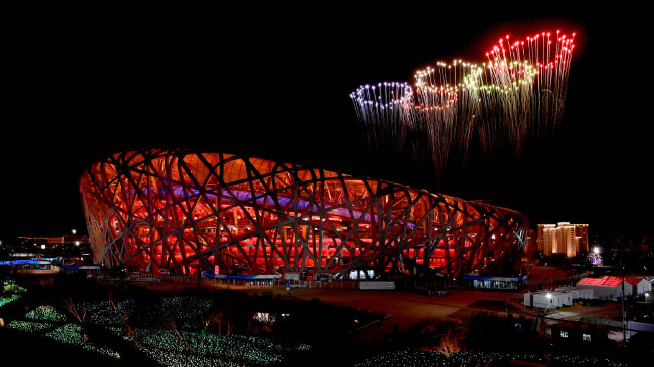  A firework display is seen above the stadium during the Beijing 2022 Winter Olympics Closing Ceremony