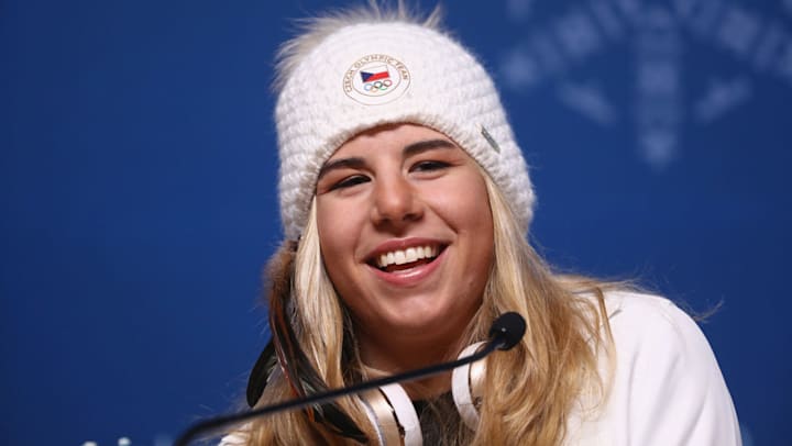 Gold medalist Ester Ledecka of the Czech Republic speaks to the media during a press conference on day sixteen of the PyeongChang 2018 Winter Olympic Games
