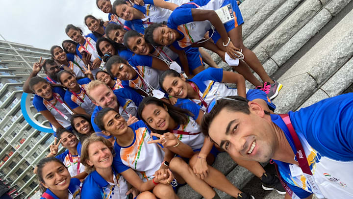 Wayne Lombard with Indian women's hockey team