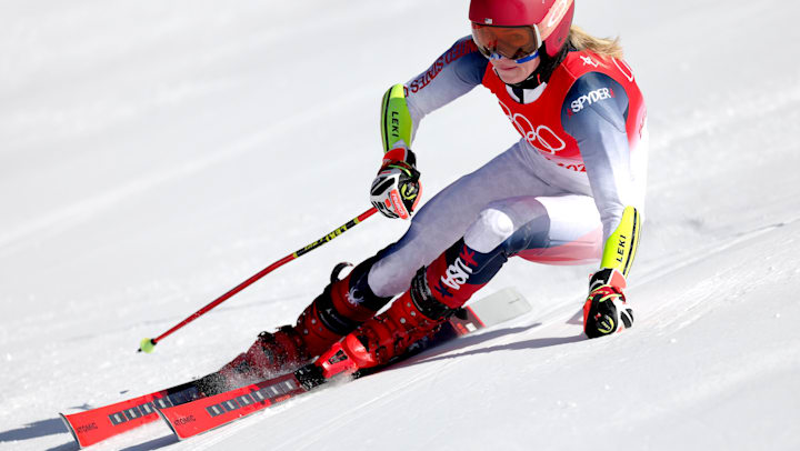 Mikaela Shiffrin of Team USA skis during the Mixed Team Parallel 1/4 final