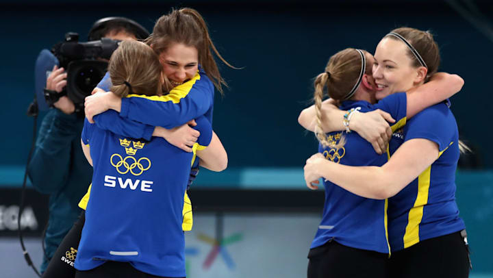Winners of the gold medal, Sofia Mabergs, Agnes Knochenhauer, Sara McManus and Anna Hasselborg of Sweden at the PyeongChang 2018 Winter Olympic Games 