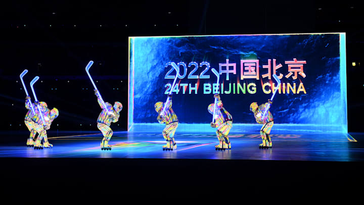 Performers dressed as hockey players perform during the Opening Ceremony of the Beijing 2022 Winter Olympic Games