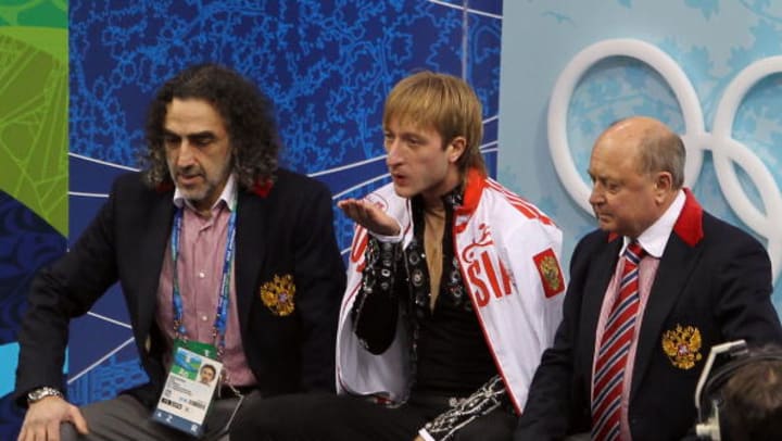 Давид Авдыш, Евгений Плющенко и Алексей Мишин на Олимпийских играх-2010. Воспитанник Мишина завоевал за карьеру два золота и два серебра Игр.
