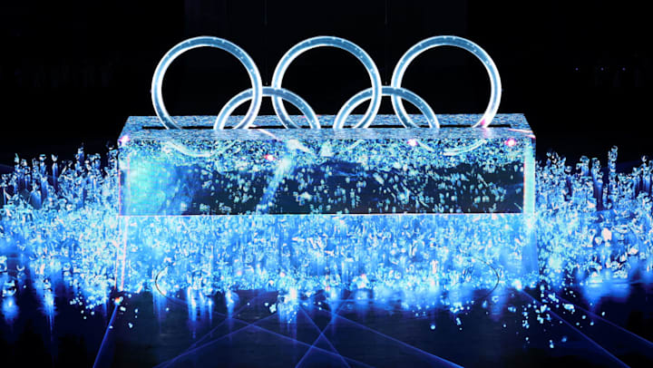 A large Olympic ring logo is seen inside the stadium during the Opening Ceremony of Beijing 2022