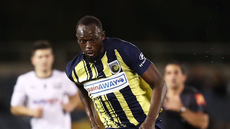 Usain Bolt plays in a pre-season friendly for the Central Coast Mariners in Australia