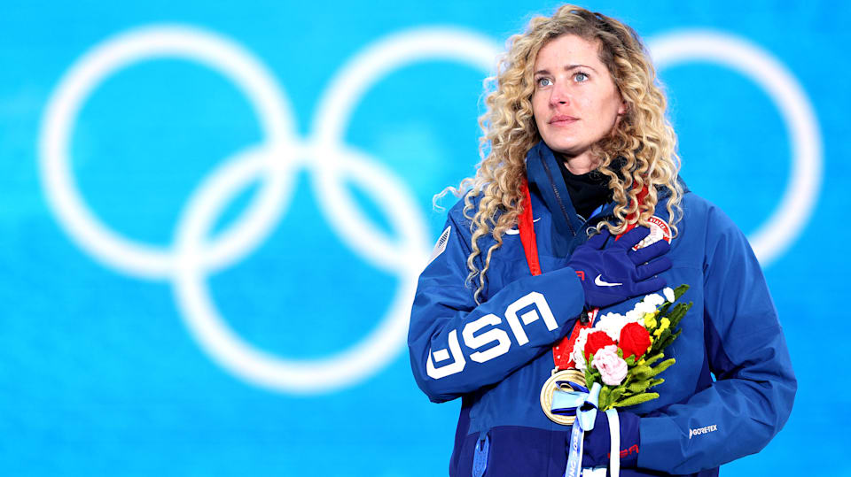 Gold medallist, Lindsey Jacobellis of Team United States reacts during