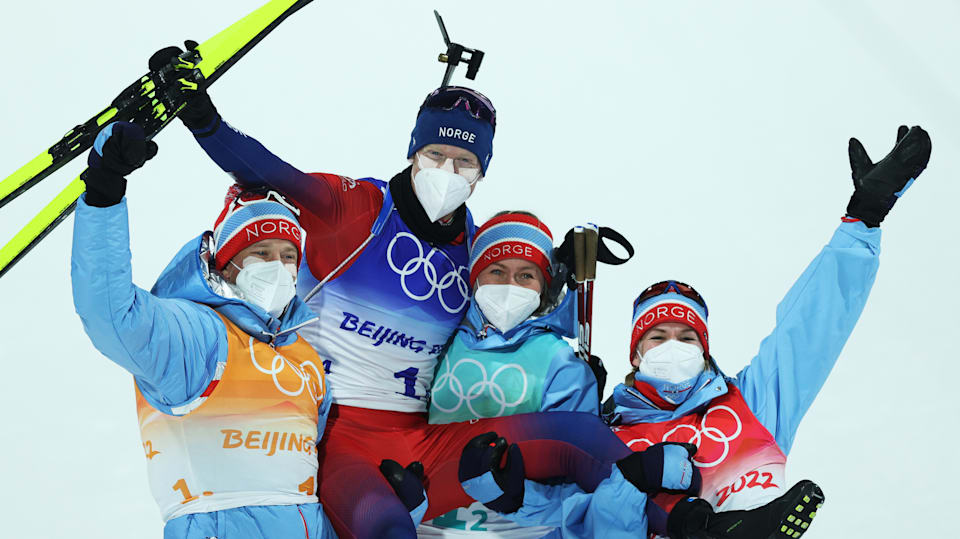 Tarjei Boe, Johannes Thingnes Boe, Tiril Eckhoff and Marte Olsbu Roeiseland of Team Norway