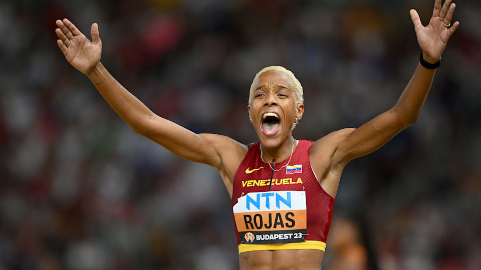 Yulimar Rojas of Team Venezuela reacts in the Women's Triple Jump Final during day seven of the World Athletics Championships Budapest 2023