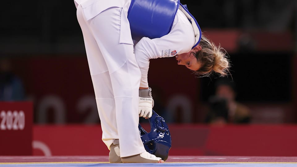 Jade Jones reacts after losing out to Kimia Alizadeh of IOC Refugee Team at Tokyo 2020