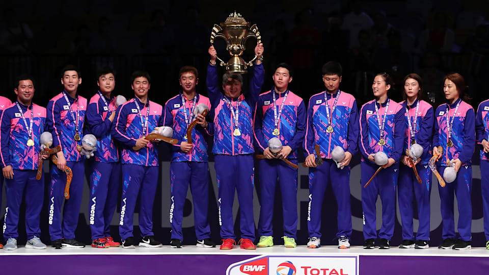 Republic of Korea lift the 2017 Sudirman Cup in Gold Coast, Australia.