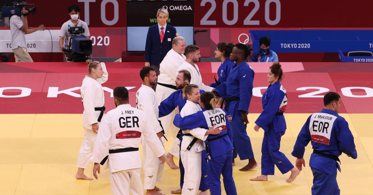 The IOC Refugee Athlete judo team competes at the mixed team event at