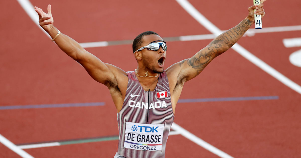 Andre De Grasse speeds home to secure men’s world 4x100m relay title for Canada