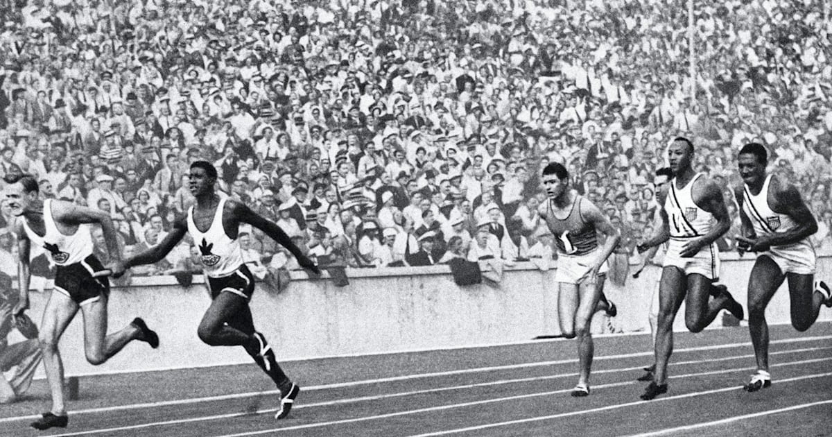 Jesse Owens immortalized by his forth gold medal Olympic News