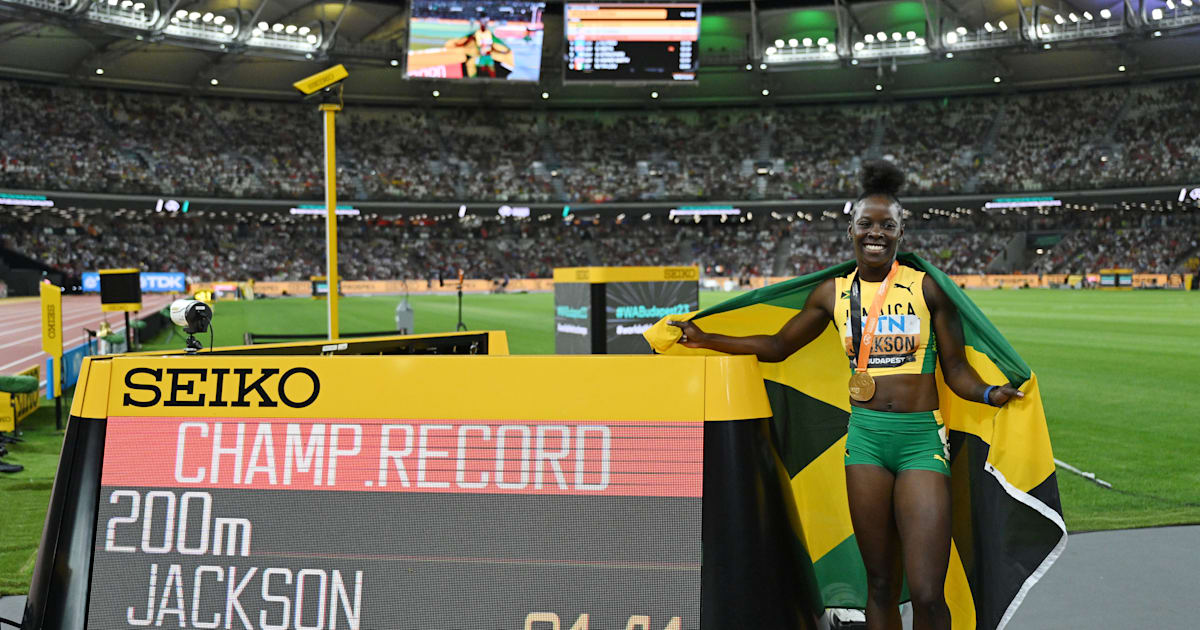 Shericka Jackson clocks second fastest time in history to retain women’s 200m title